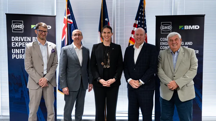 Left to right: Juan Zorrilla, Regional General Manager – Central US, GHD; Ted Whiton, Executive General Manager – US, GHD; Gabrielle Hall, Australian Consul-General and Trade and Investment Commissioner; Scott Power, CEO, BMD; Mick Power AM, Chairman, BMD