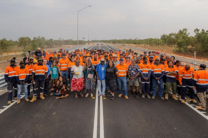 Workers and community on the new Brooking Channel Bridge